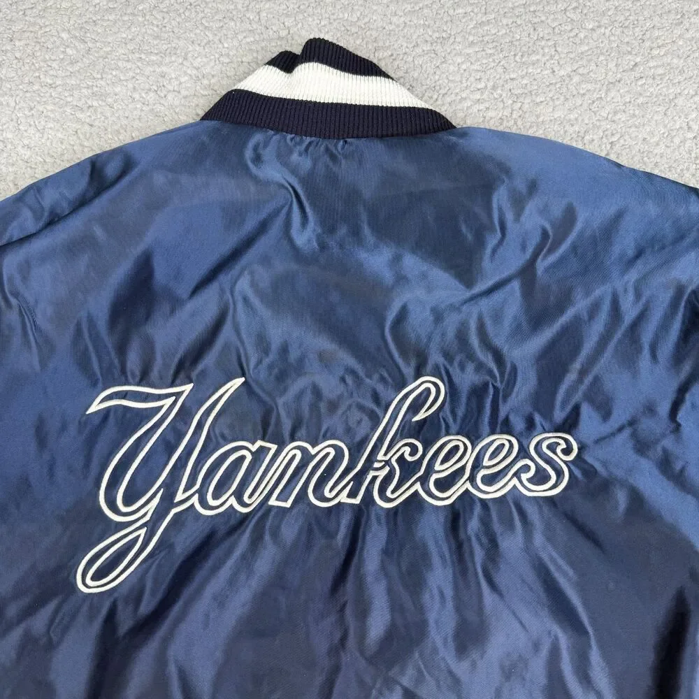 VTG New York Yankees Jacket Mens Large Navy Satin Snap‎ DeLONG USA MLB Baseball